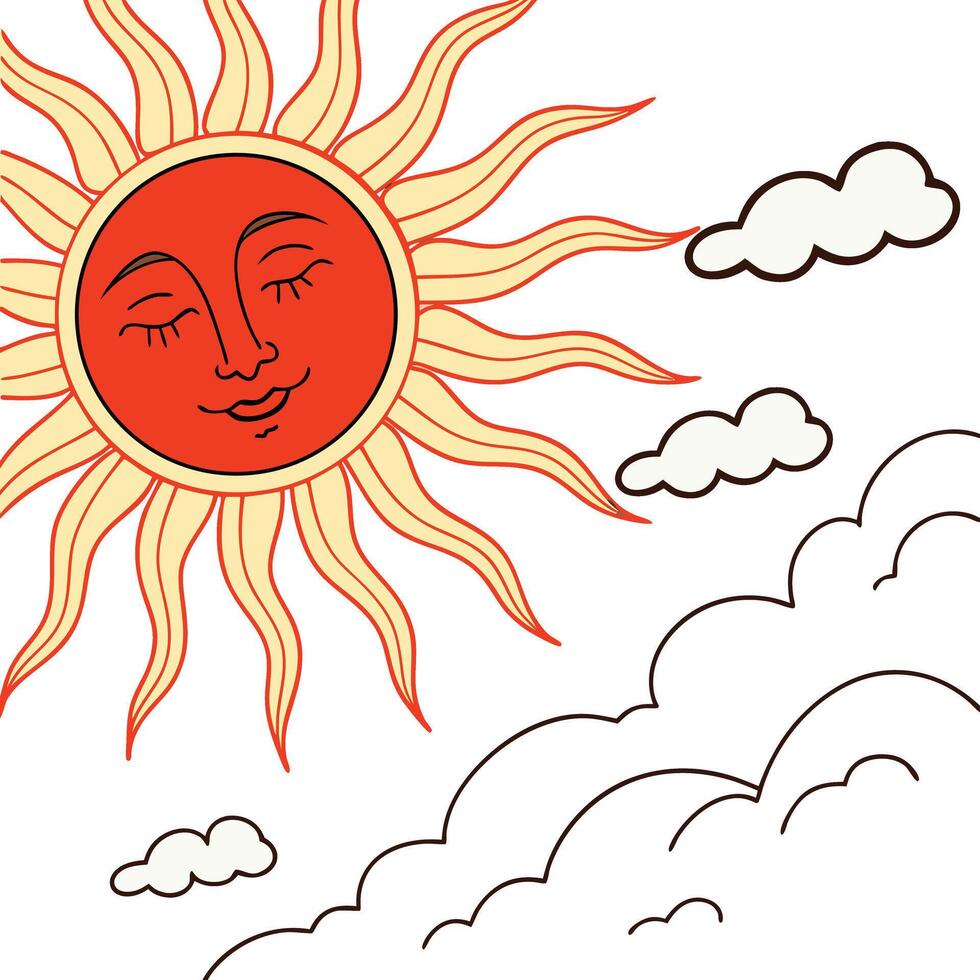 Smiling sun with clouds face vector