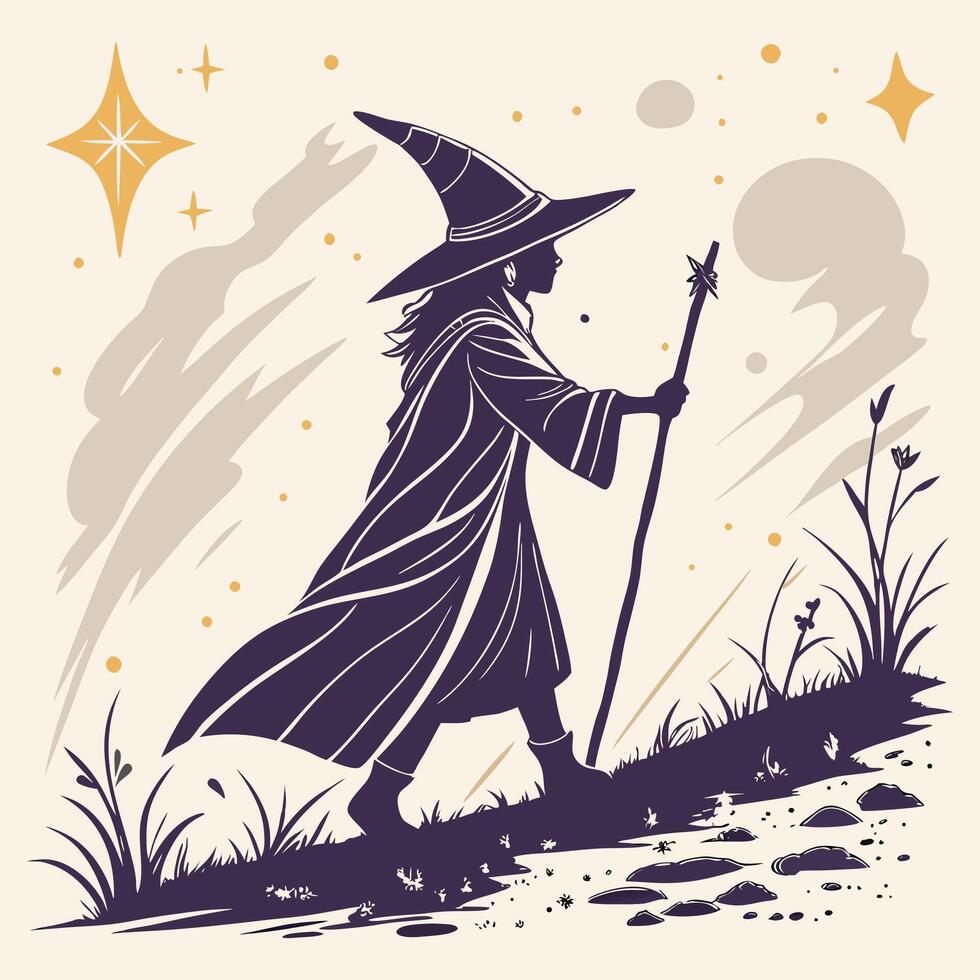 Purple witch walking with staff under stars wizard vector