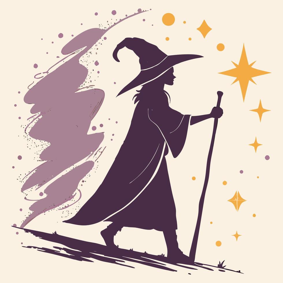 Silhouette witch with staff and stars cloak vector