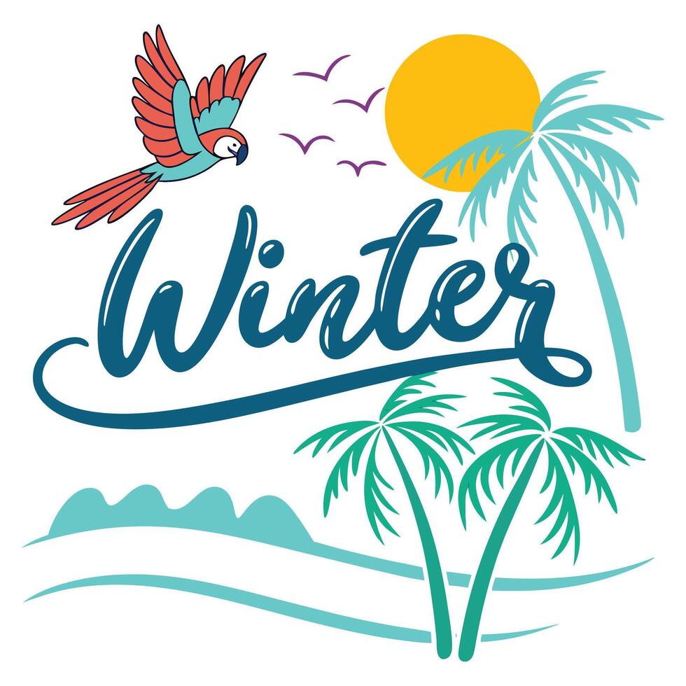 Tropical parrot palm trees sun and waves macaw flying vector