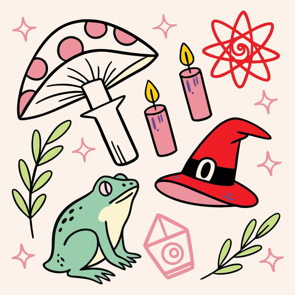 Frog mushroom hat candles crystal magic witch hat vector