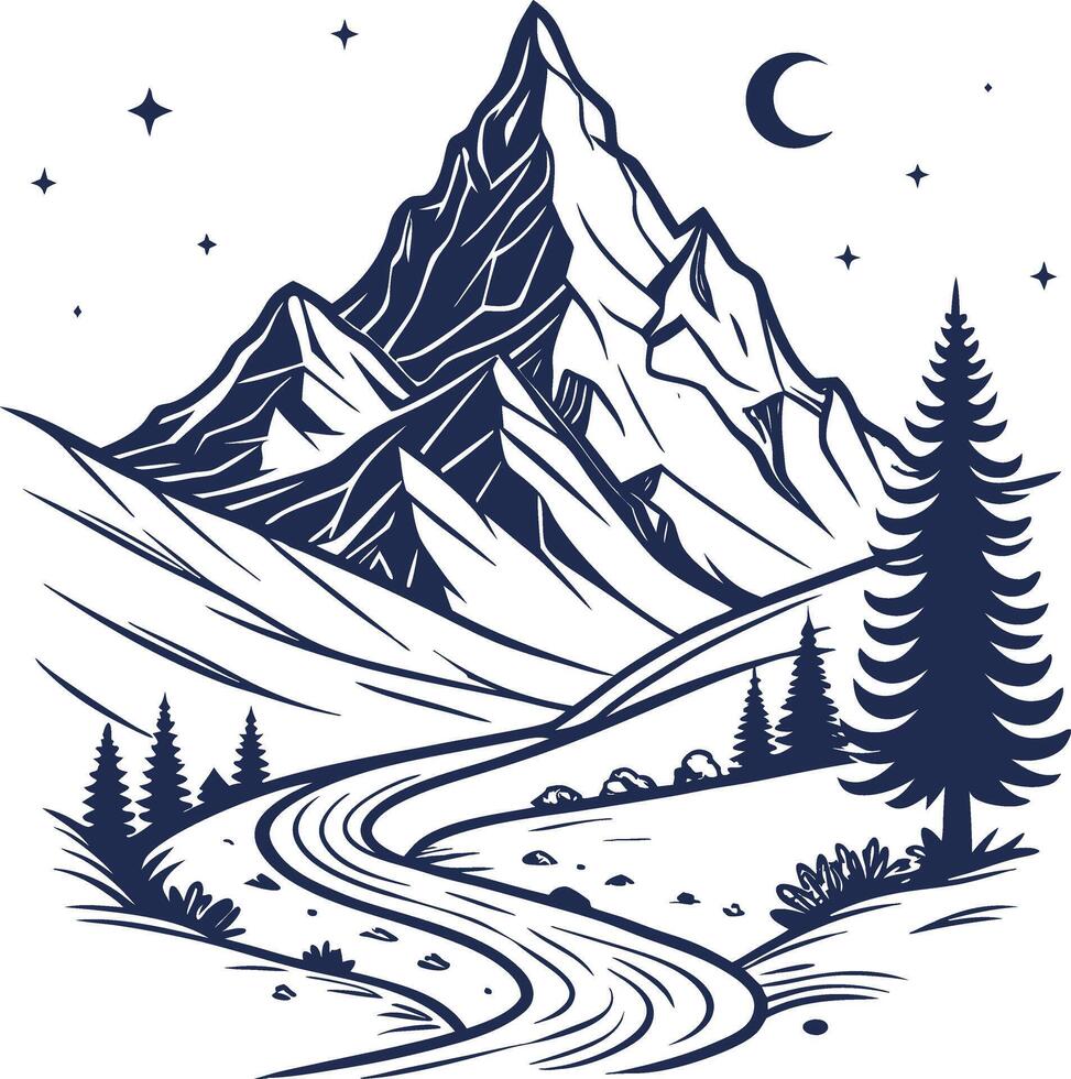 Majestic mountain landscape with winding river and starry night sky vector