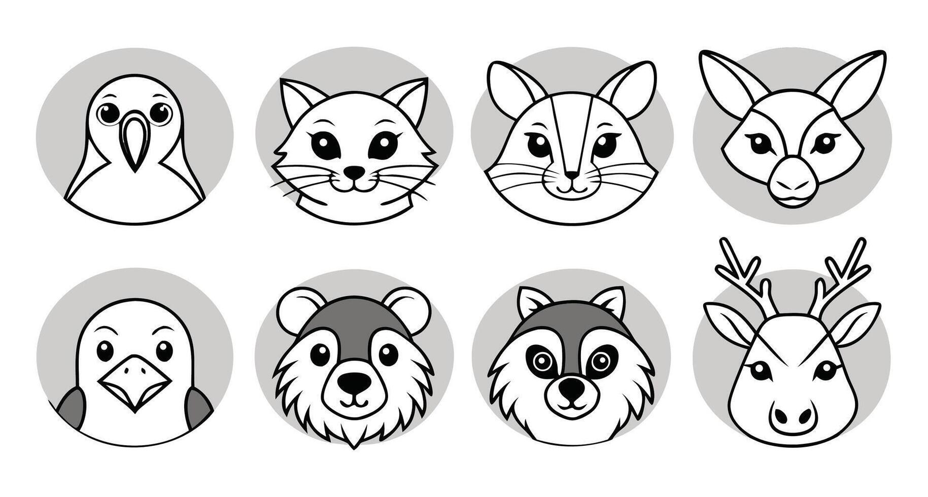 Cute animal faces in circles cartoon icon vector