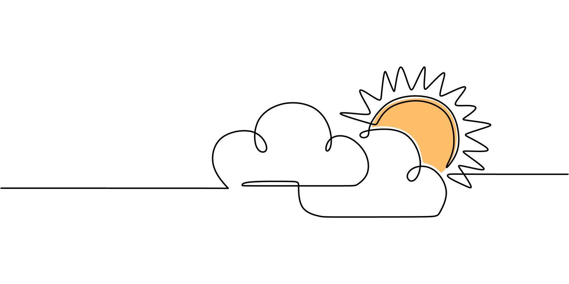 Continuous line drawing of a sun behind clouds. A simple icon of optimism, perfect for a logo design or inspirational post. vector