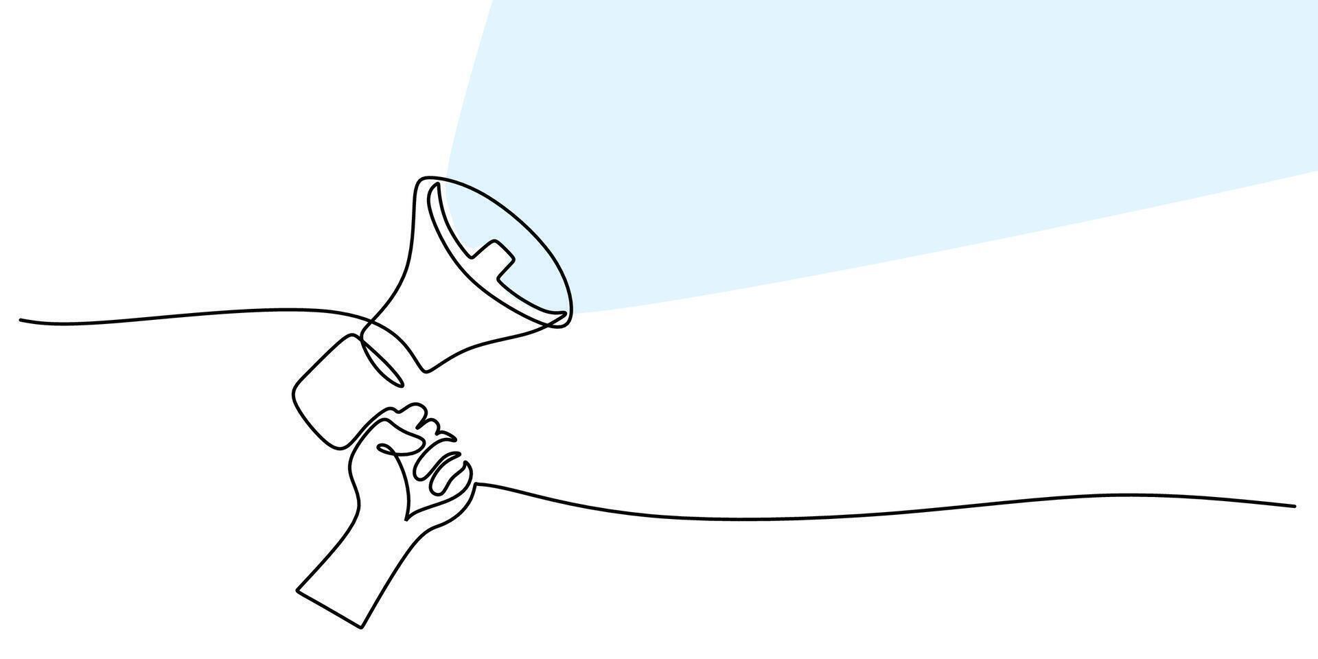 Minimalist megaphone icon, a continuous line drawing representing public speech, perfect for a news website logo or rally flyer. vector