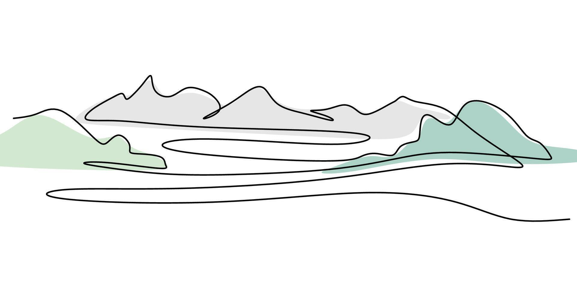 Continuous one line drawing of a forest with mountain peaks. Representation of nature and exploration. vector