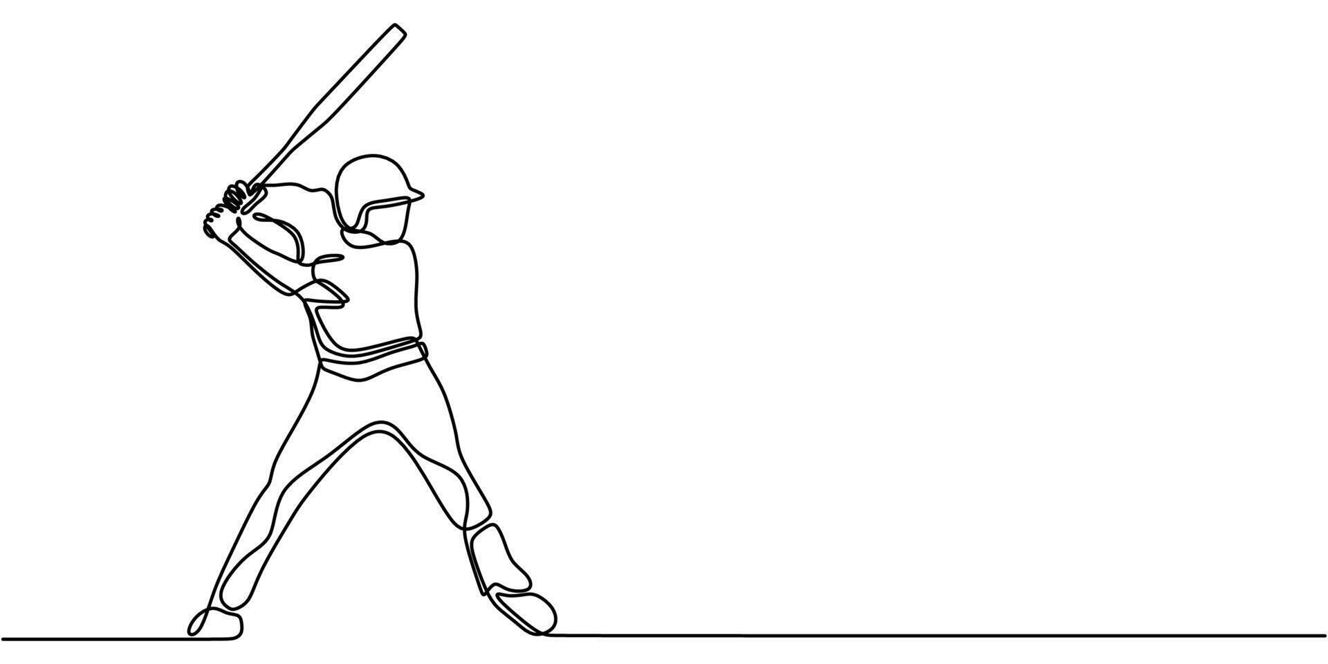 Baseball player swinging a bat in continuous one line drawing. Represents focus and strength in sports. vector
