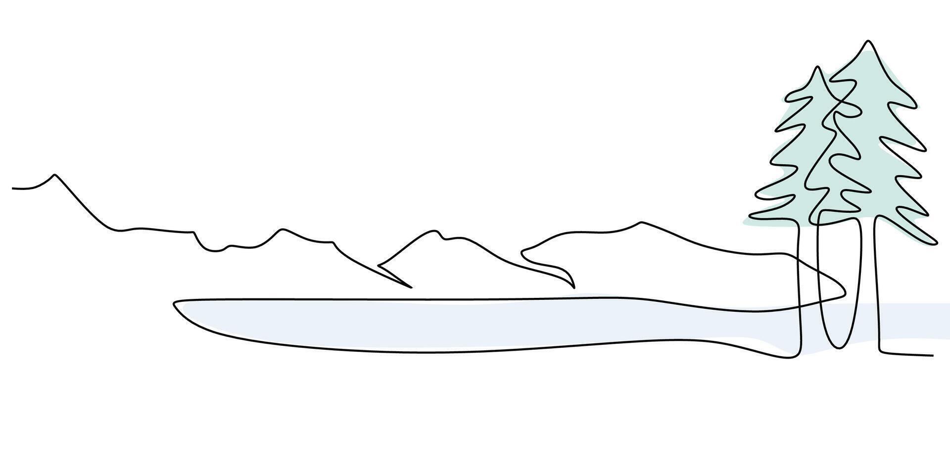 Mountain with lake in continuous one line drawing. Minimalist landscape for tranquility and adventure. vector