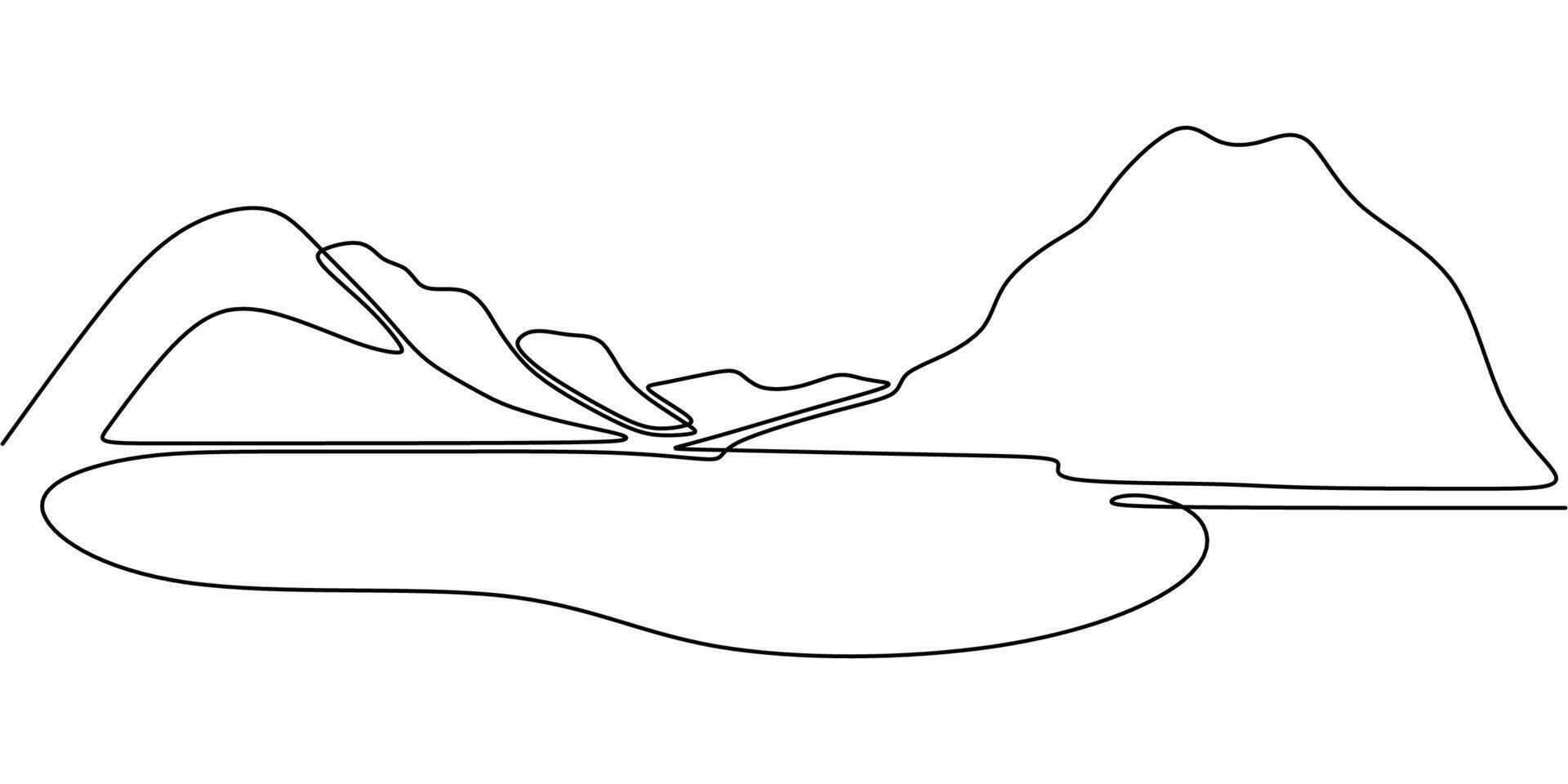 Minimalist one line drawing of a mountain and lake. Representation of hiking and scenic landscapes. vector