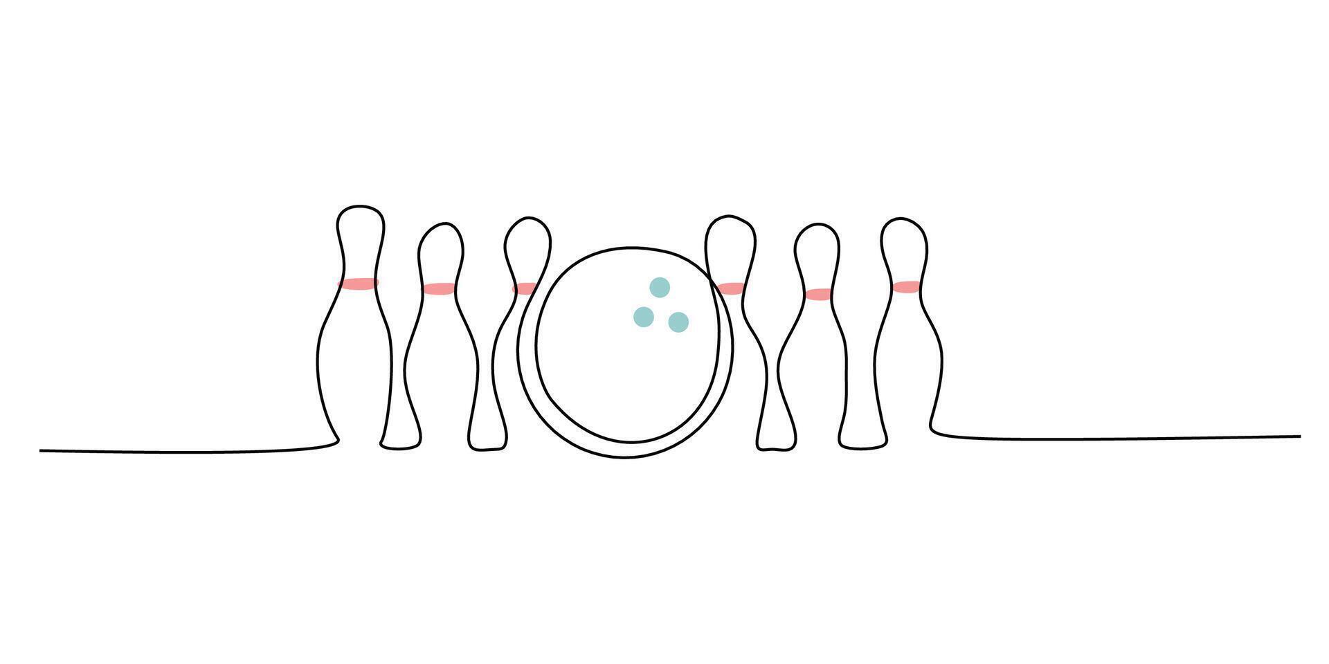 Bowling ball striking pins in a continuous one line drawing. Minimalist art for sports and competition. vector