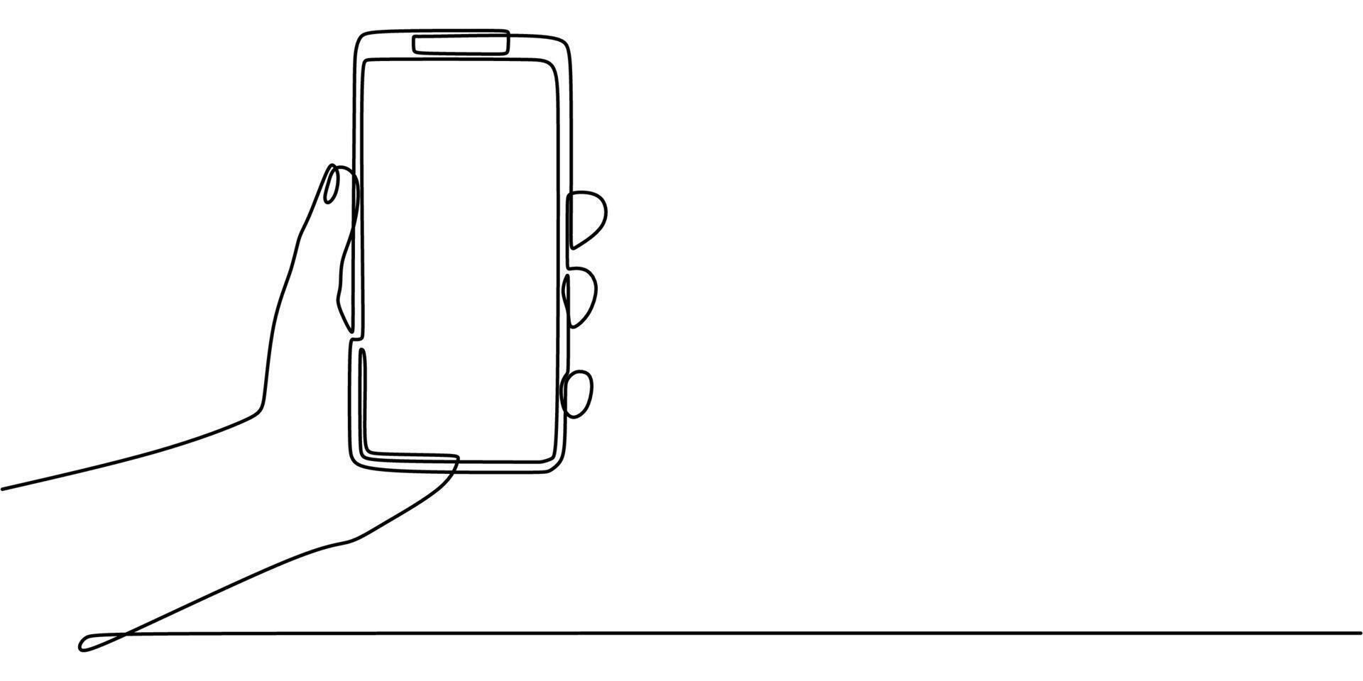 Continuous line drawing of a hand holding a smartphone representing communication, ideal for a tech blog or a mobile app icon. vector