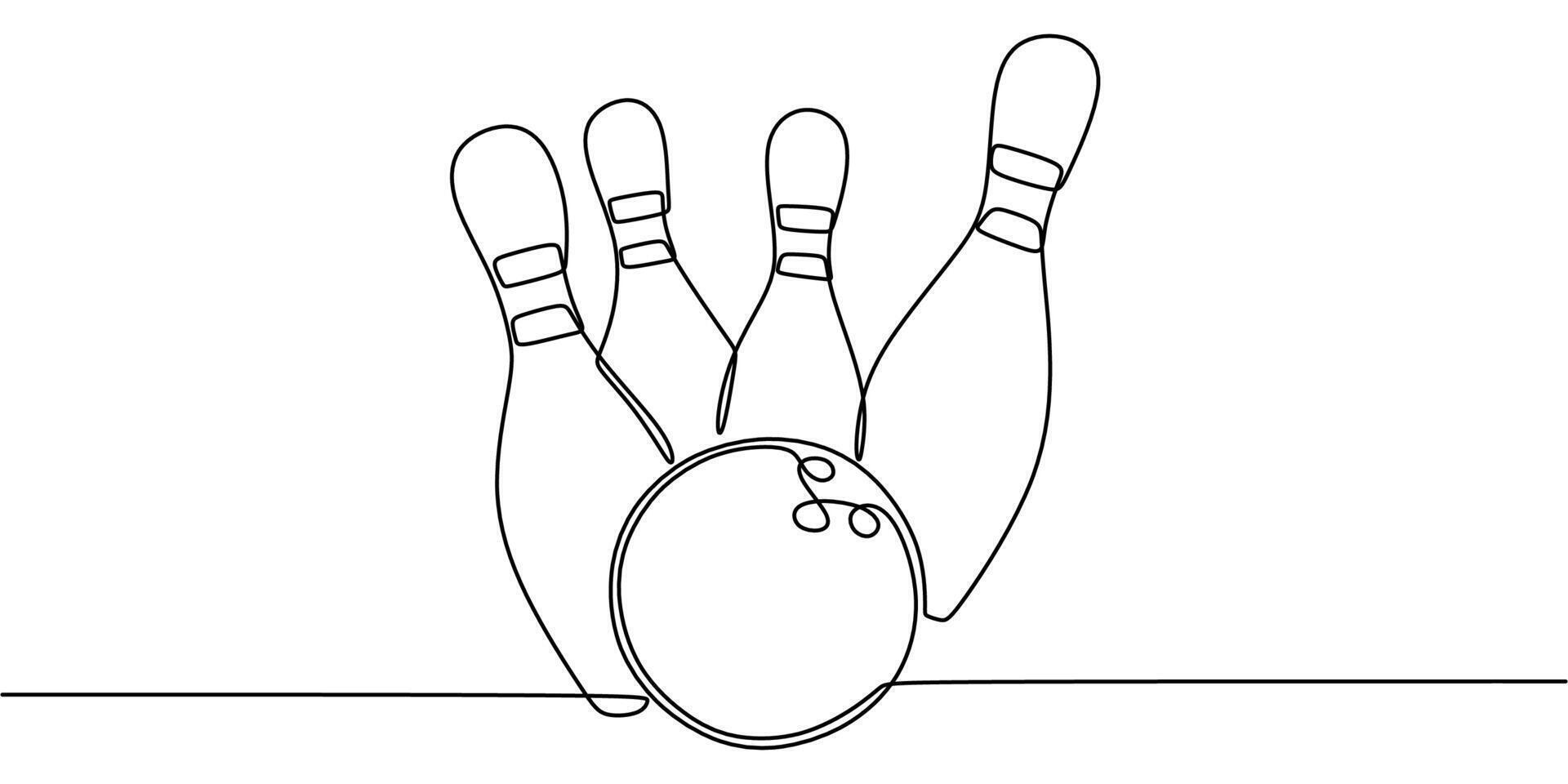 Continuous line art of a bowling ball with pins. Represents bowling games, entertainment, and teamwork concept. vector