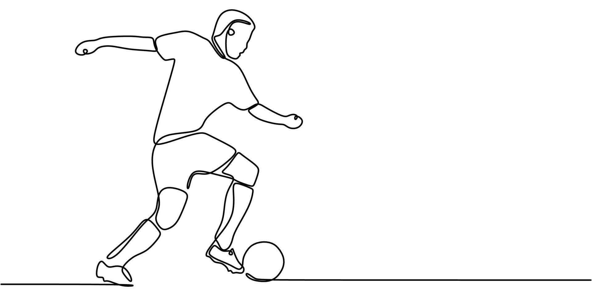 Soccer player kicking a ball in a continuous one line drawing. Dynamic football action and competition. vector