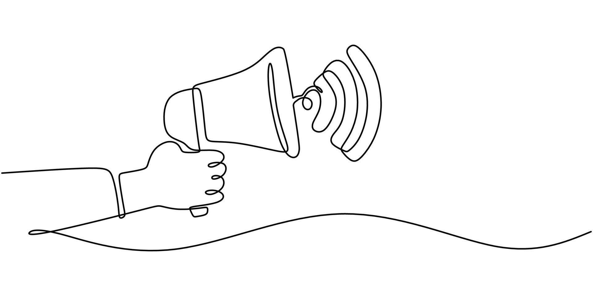 One line drawing of hands holding a megaphone symbolizing advocacy, ideal for announcement graphics or public speaking event icons. vector