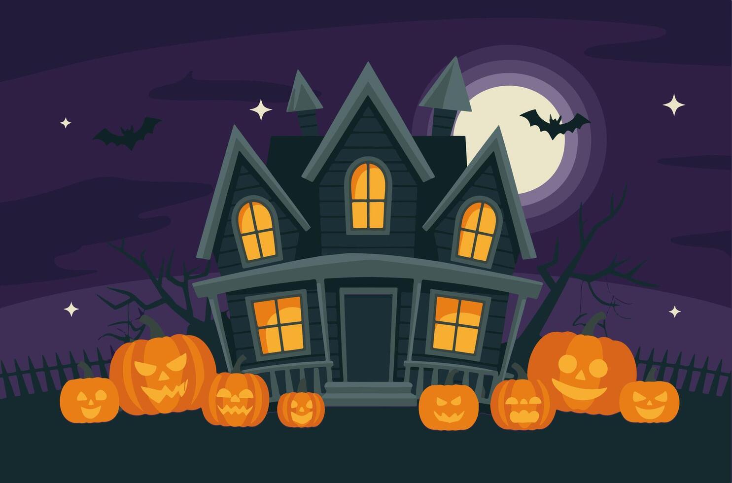 Halloween background with haunted house, pumpkins and bats vector