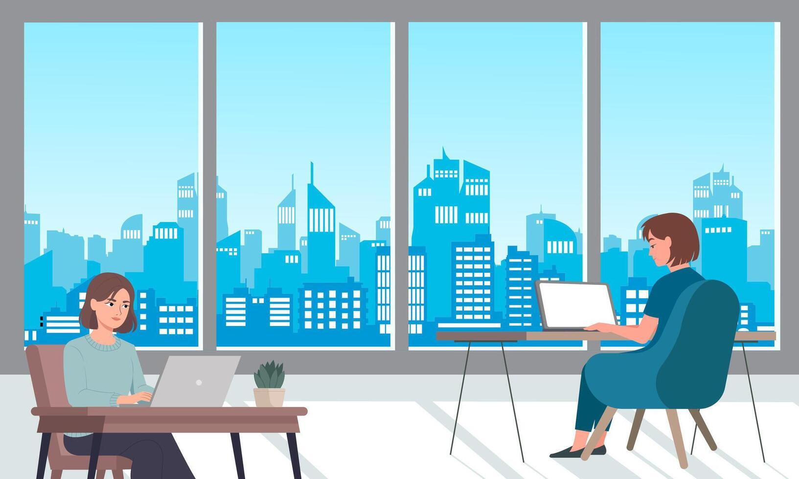 Business people working at the office. Man and woman sitting at the desk and working on laptop illustration. vector