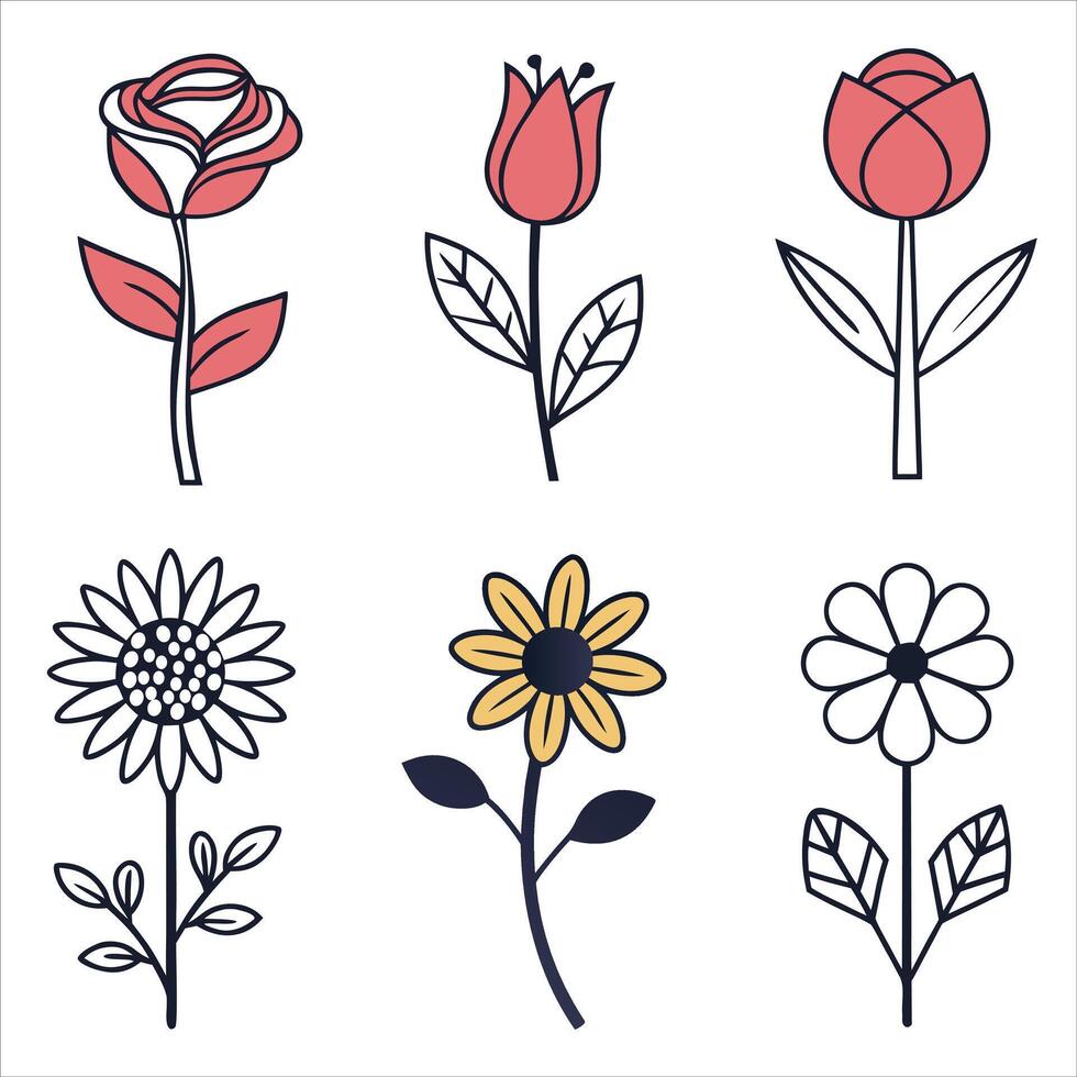 Vibrant floral set with seamless rose and tulip patterns, icon design. vector