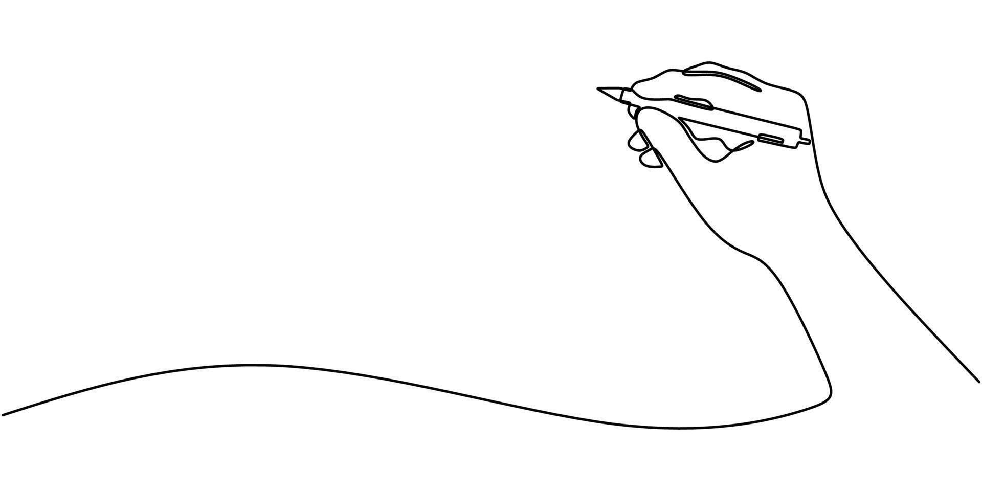 A simple writing icon, this one line drawing of a hand holding a pen is great for a stationery brand or a school's website. vector