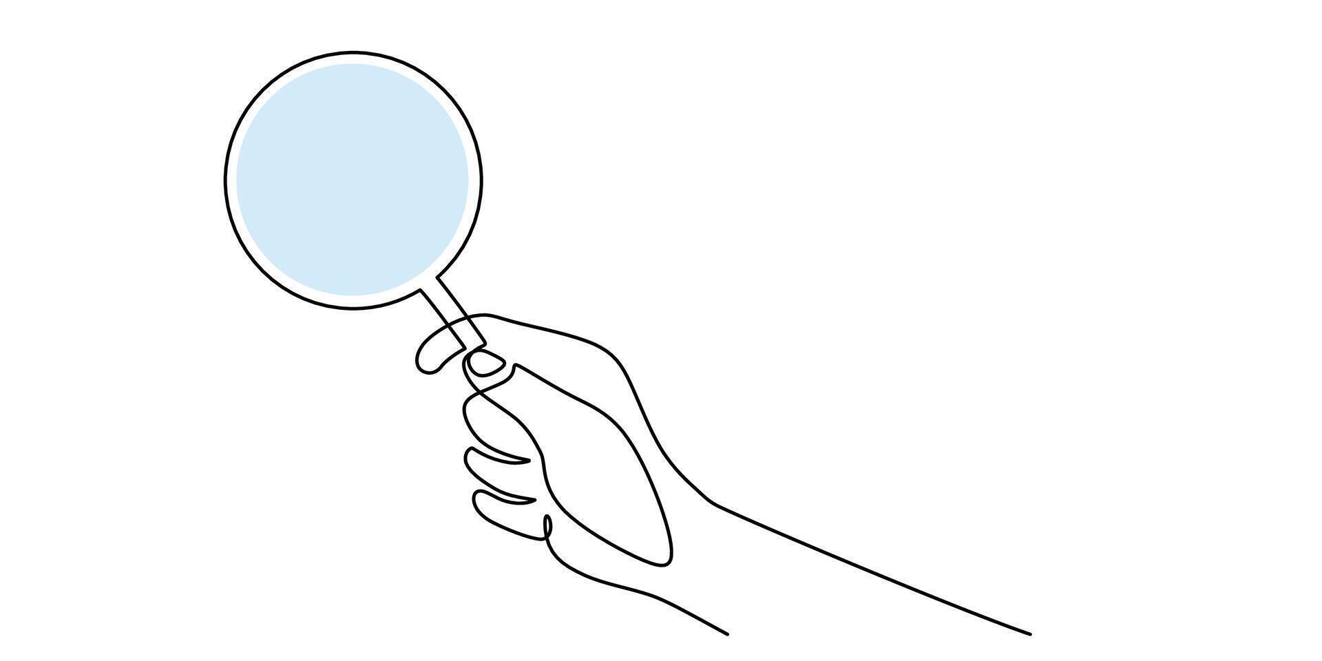A simple analysis symbol, this one line drawing of a hand with a magnifying glass is great for a tech blog or a research paper. vector