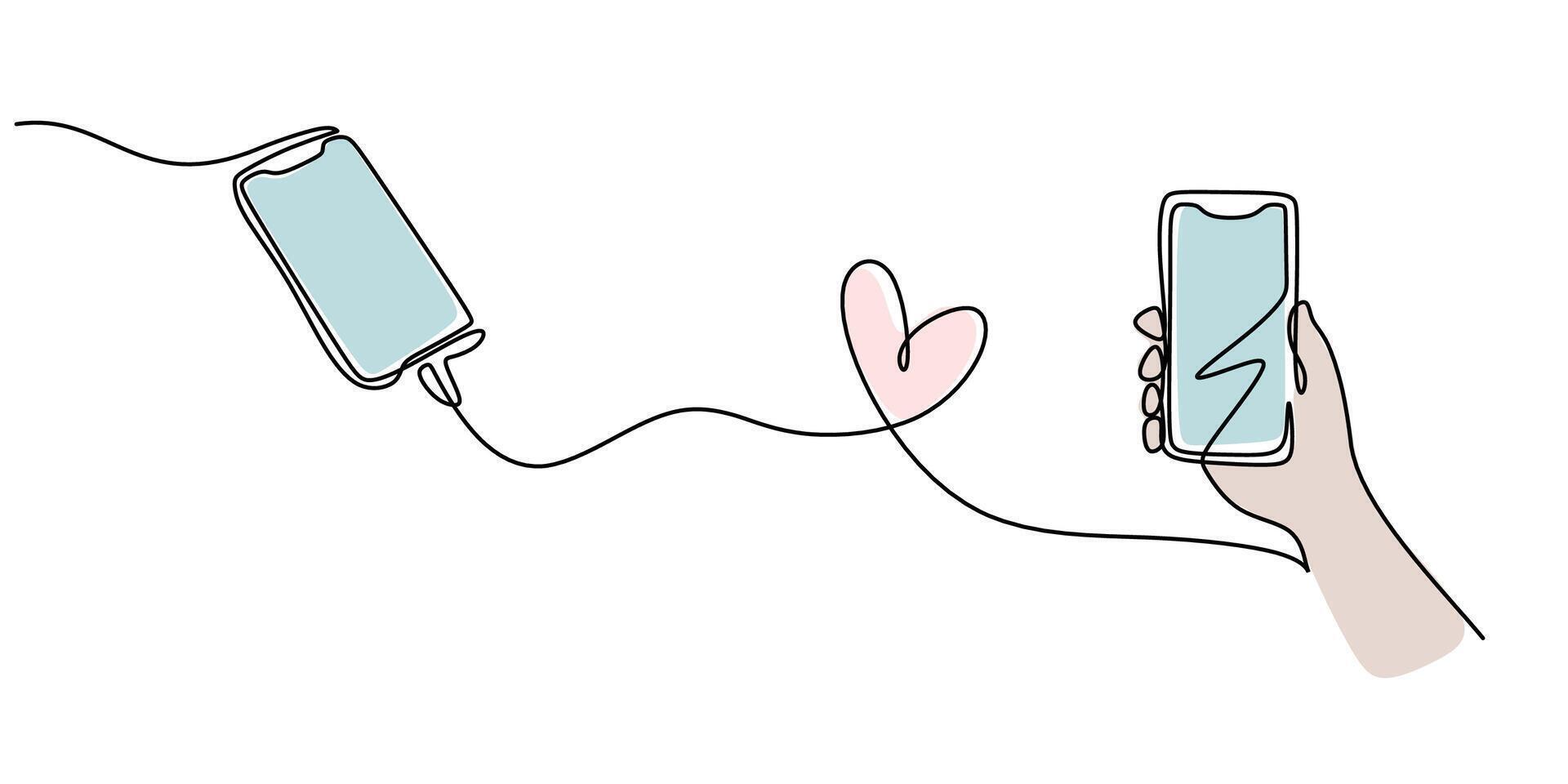 One line drawing of phones connected as a heart symbolizing long distance love, ideal for a relationship app icon or website banner. vector