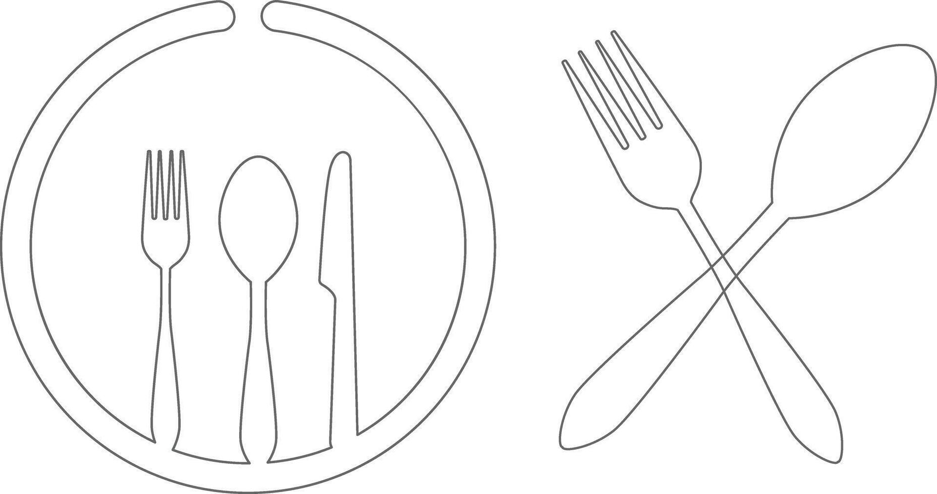 Dining Utensil Icon Pair . Plate with Fork, Knife, Spoon Arrangement and Crossed Cutlery Silhouettes in Minimalist Black on White Background vector