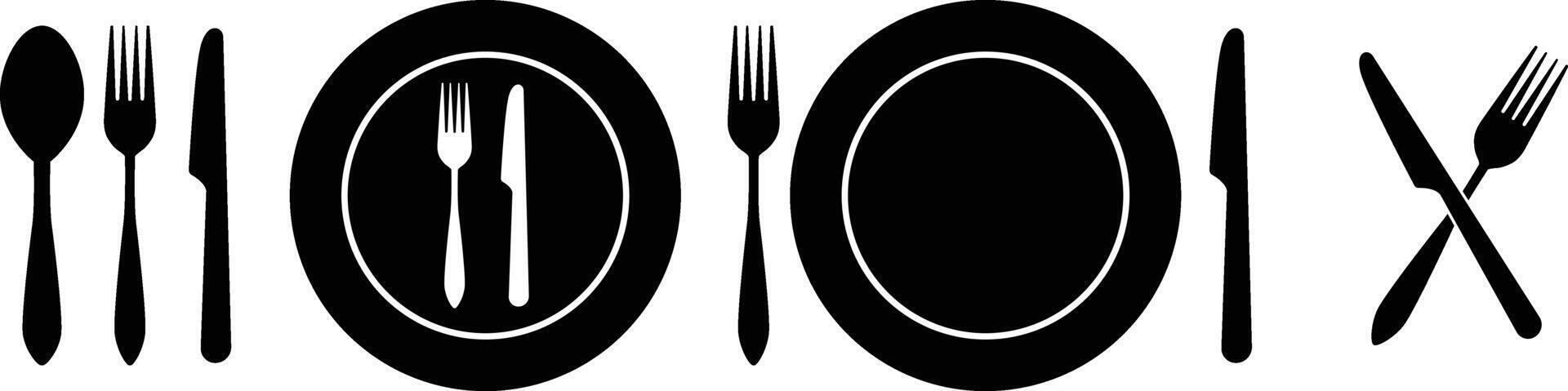Dining Utensil Set . Spoon, Fork, Knife, and Plate Table Setting Silhouettes for Food and Etiquette Illustrations vector