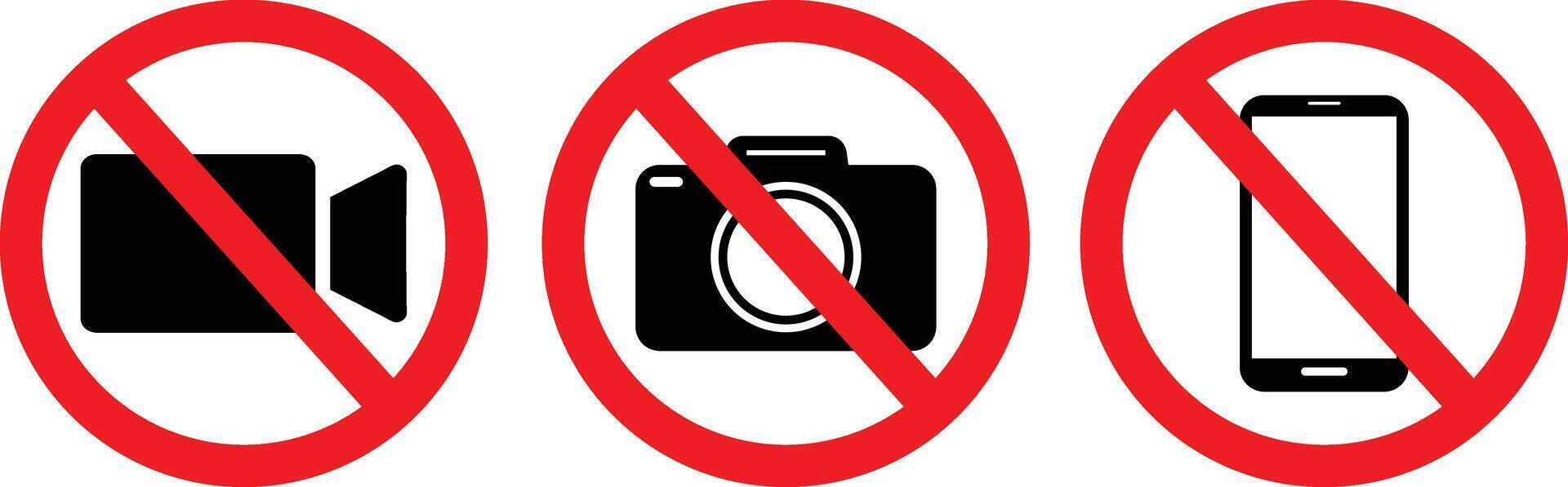 No Recording and Photography Sign. Red Circle Prohibition Icons for Camera, Photo Camera, and Smartphone Use on White Background vector