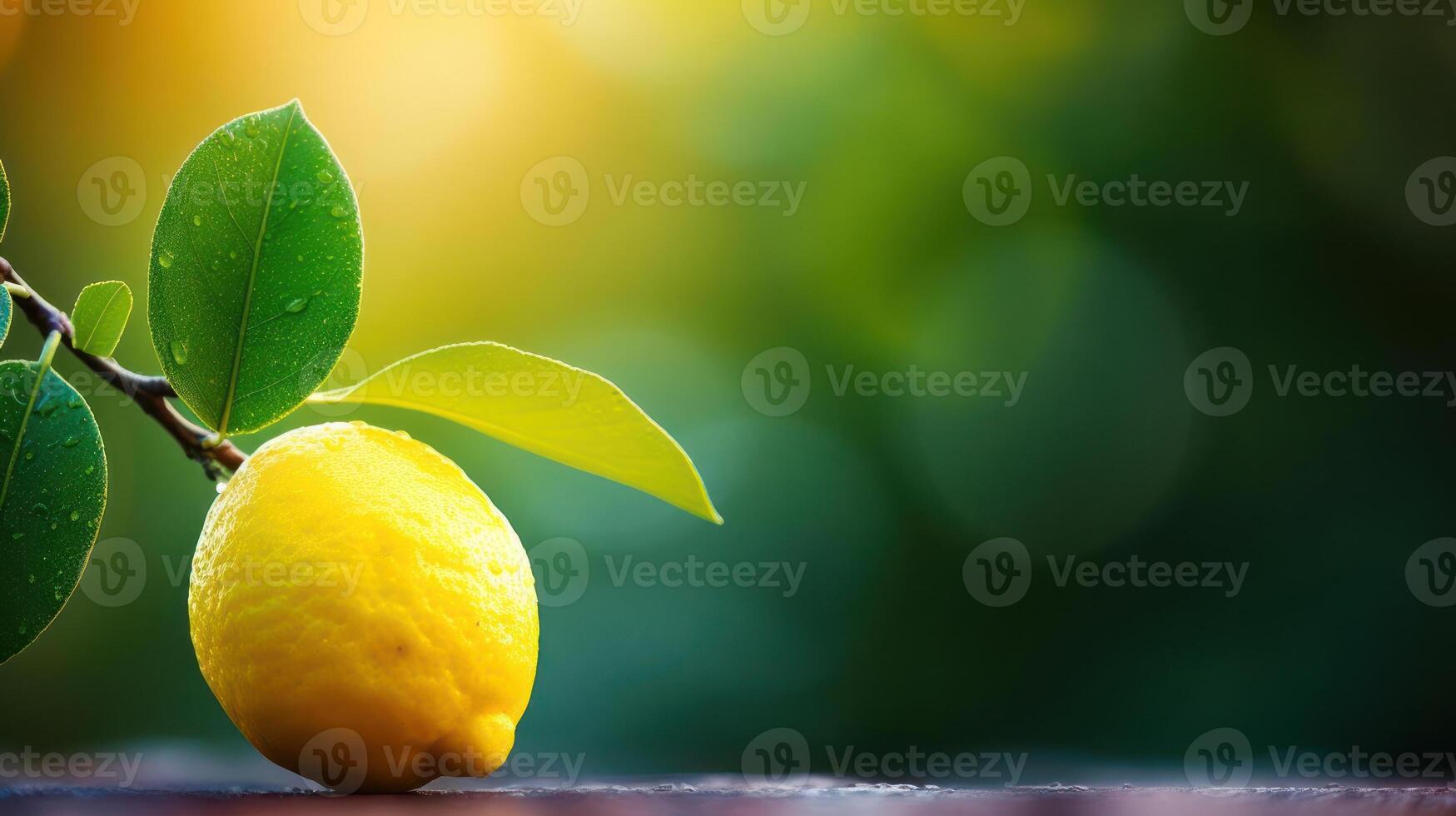 Fresh lemon with leaves, vibrant green background, close-up shot. photo