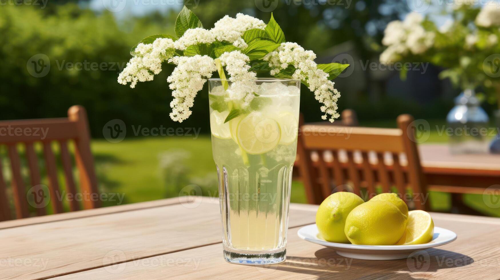 Refreshing lemonade with lemon slices and flowers on a table. photo