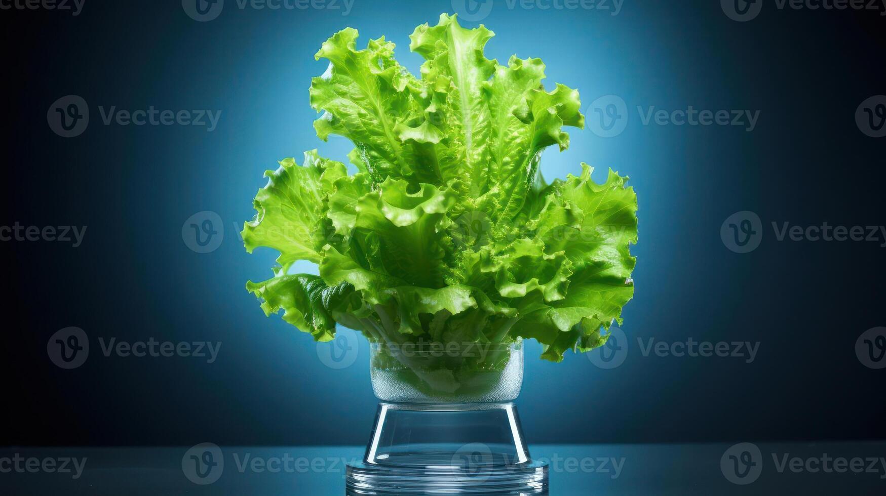Fresh lettuce in a glass container, vibrant green, studio shot. photo