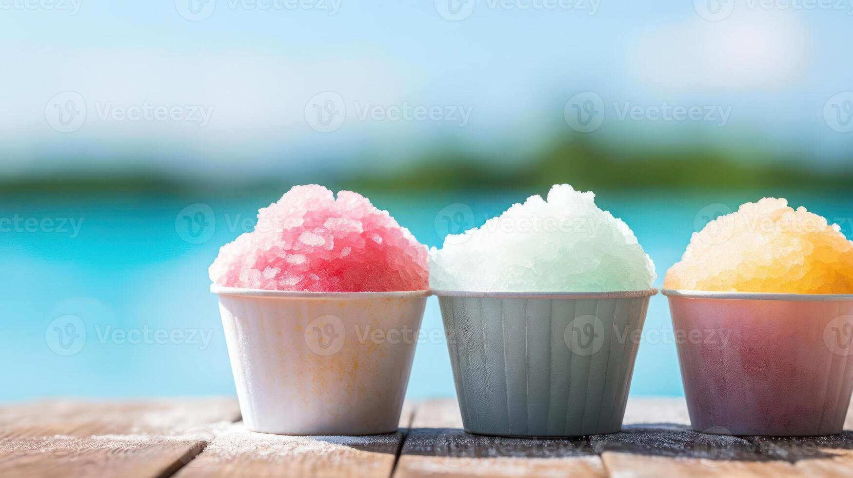 Colorful snow cones on a wooden table, bright summer day. photo
