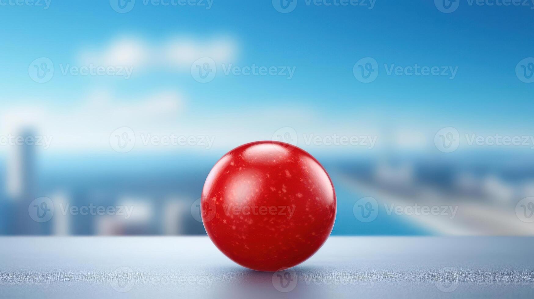 Red ball on a surface with a blurred city view. photo