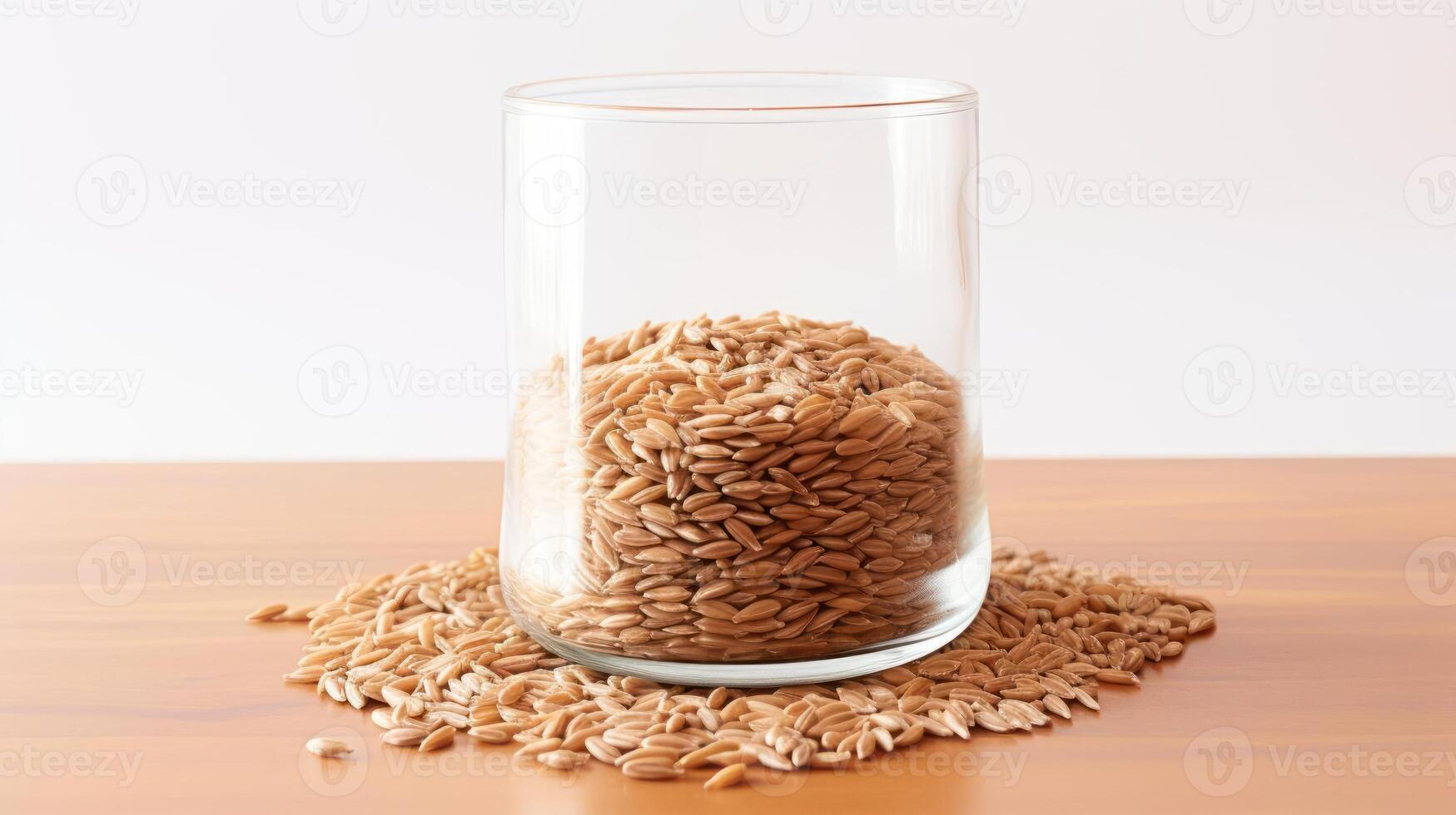 Wheat berries overflowing from a clear glass on a table. photo