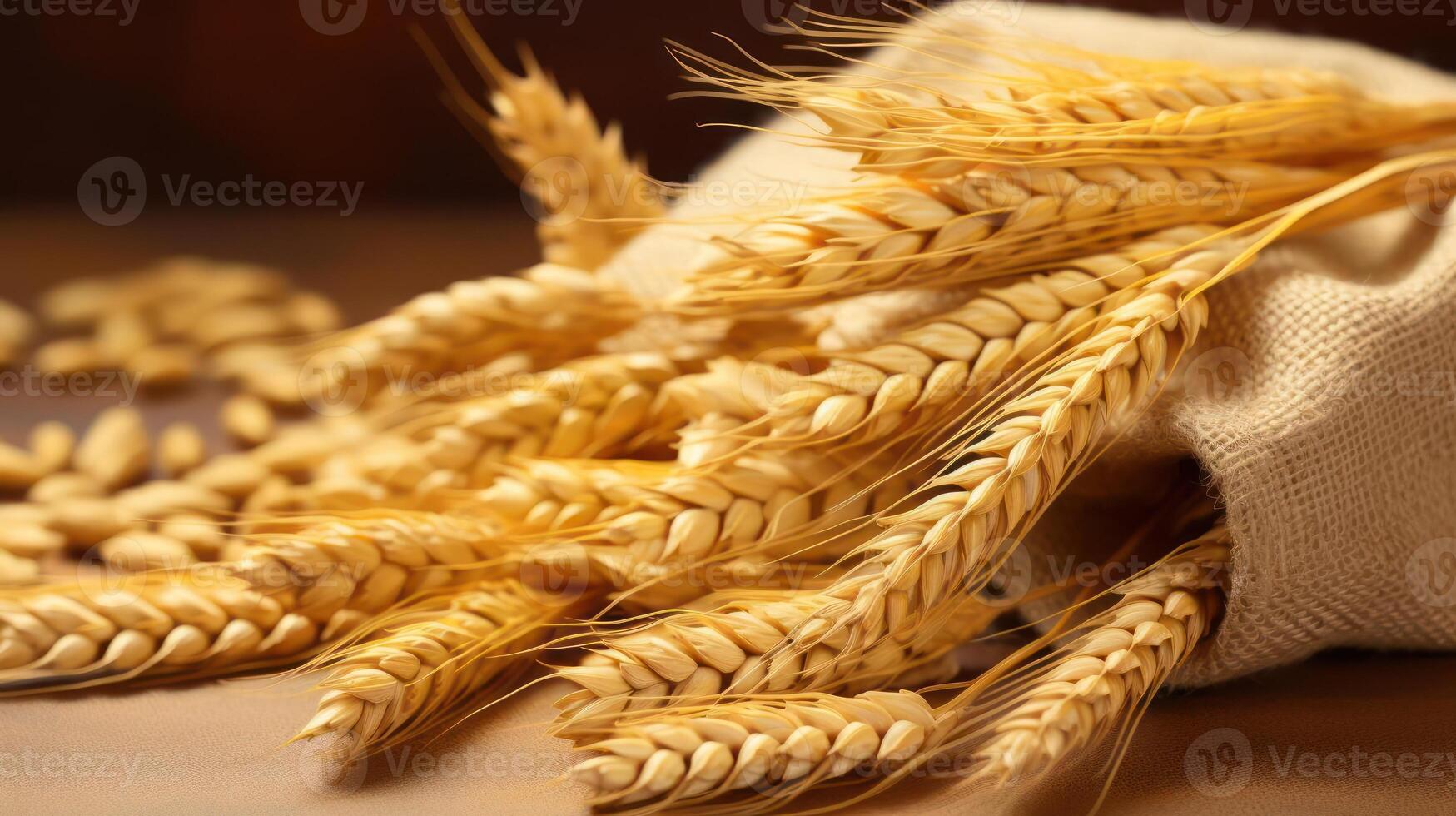 Golden wheat stalks and burlap sack, harvest theme. photo