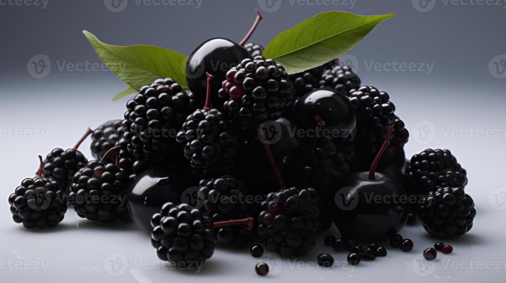 A cluster of blackberries and cherries with leaves. photo