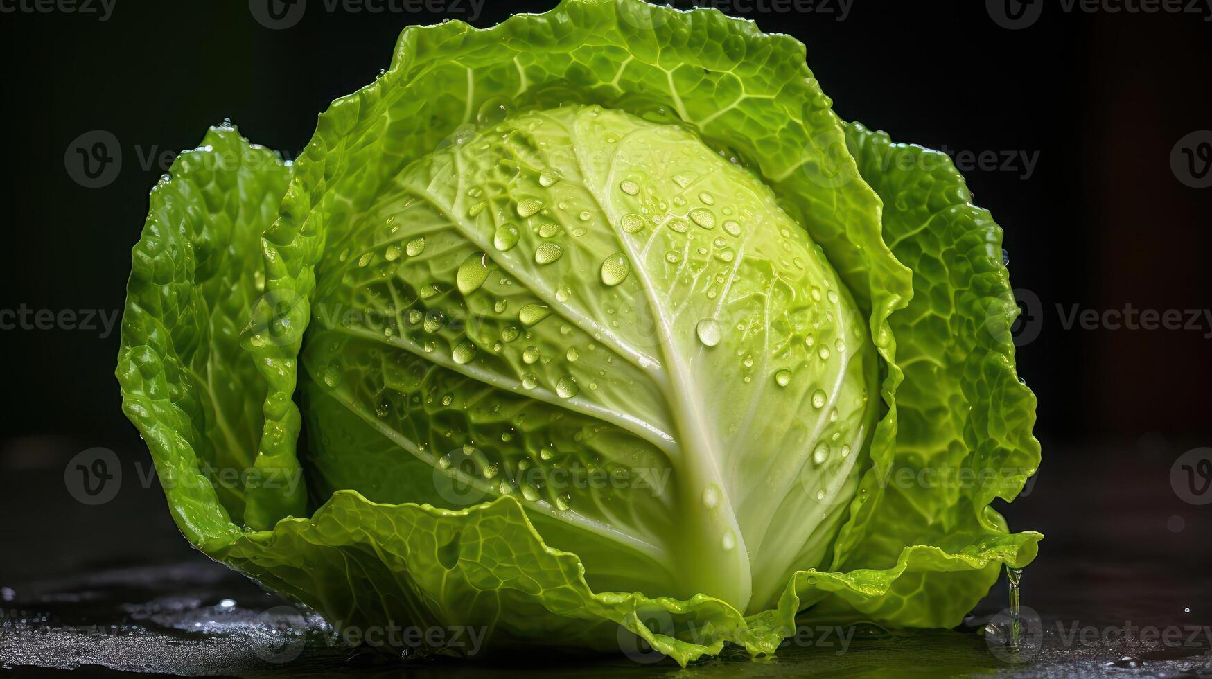 Fresh green cabbage with water droplets, close-up view. photo