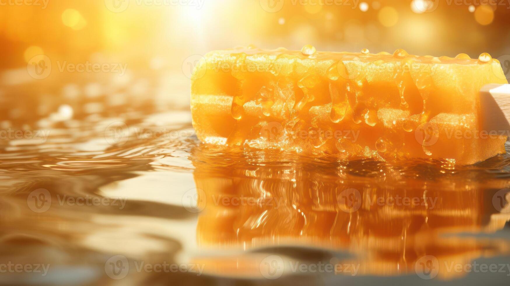 Honeycomb with water reflection, golden texture, natural sweetness. photo