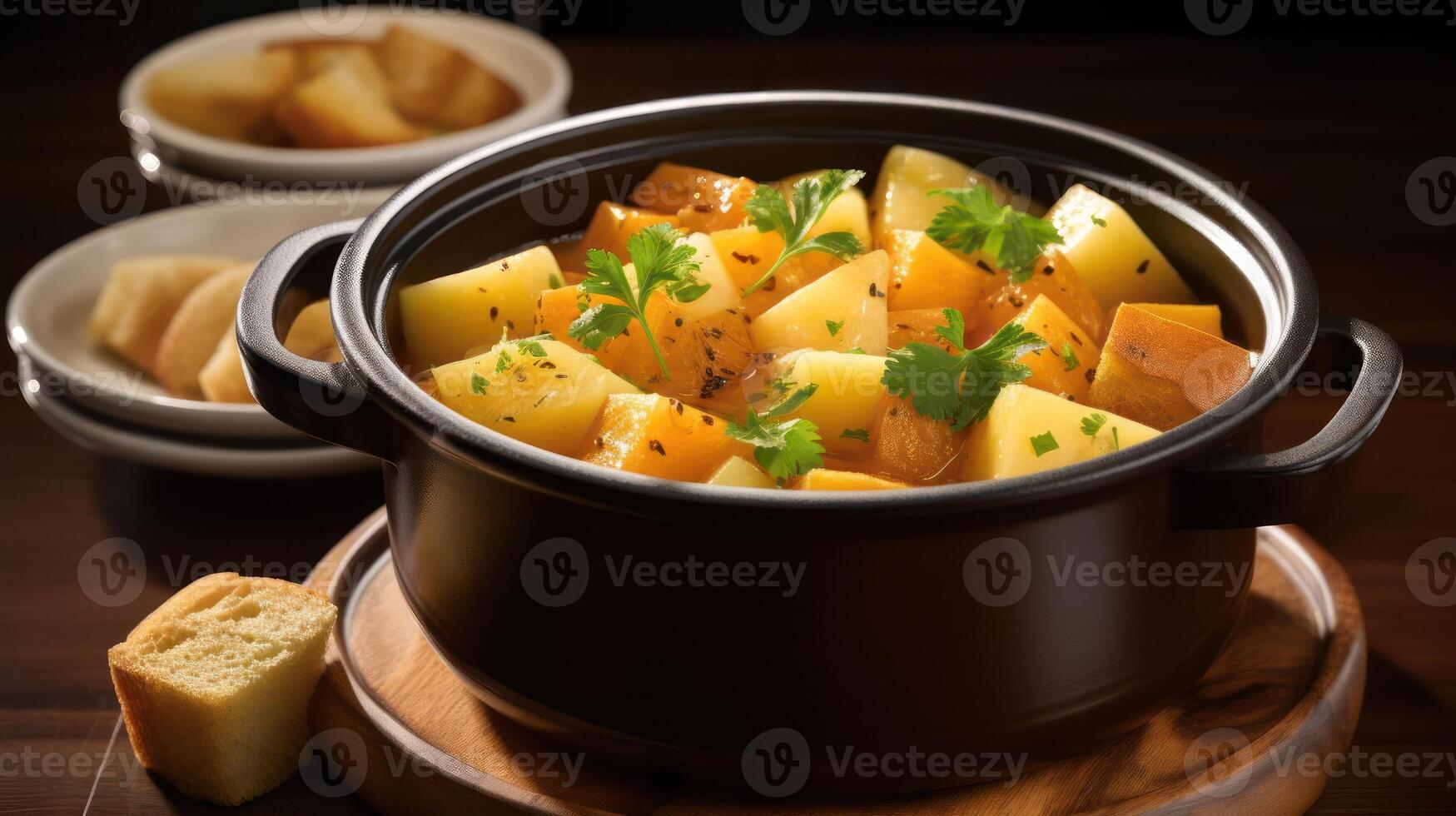 Hearty potato stew with fresh herbs, served with bread. photo