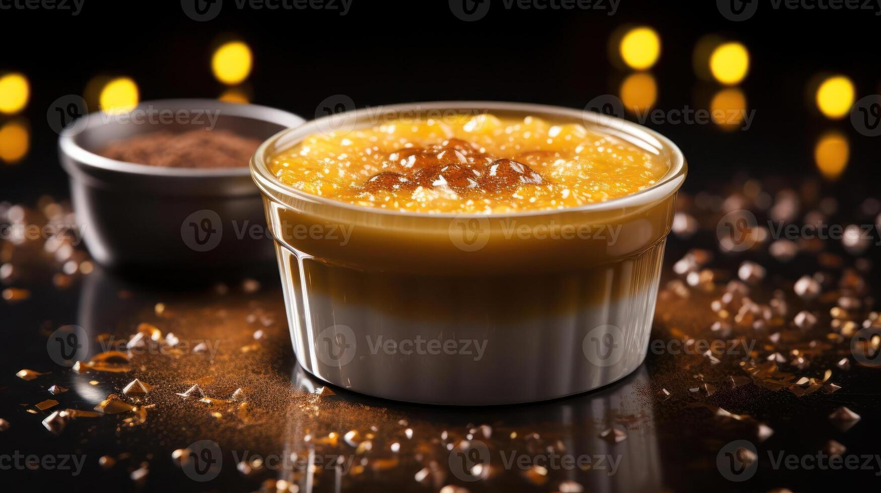 Caramel dessert in a glass, sprinkled with sugar. photo