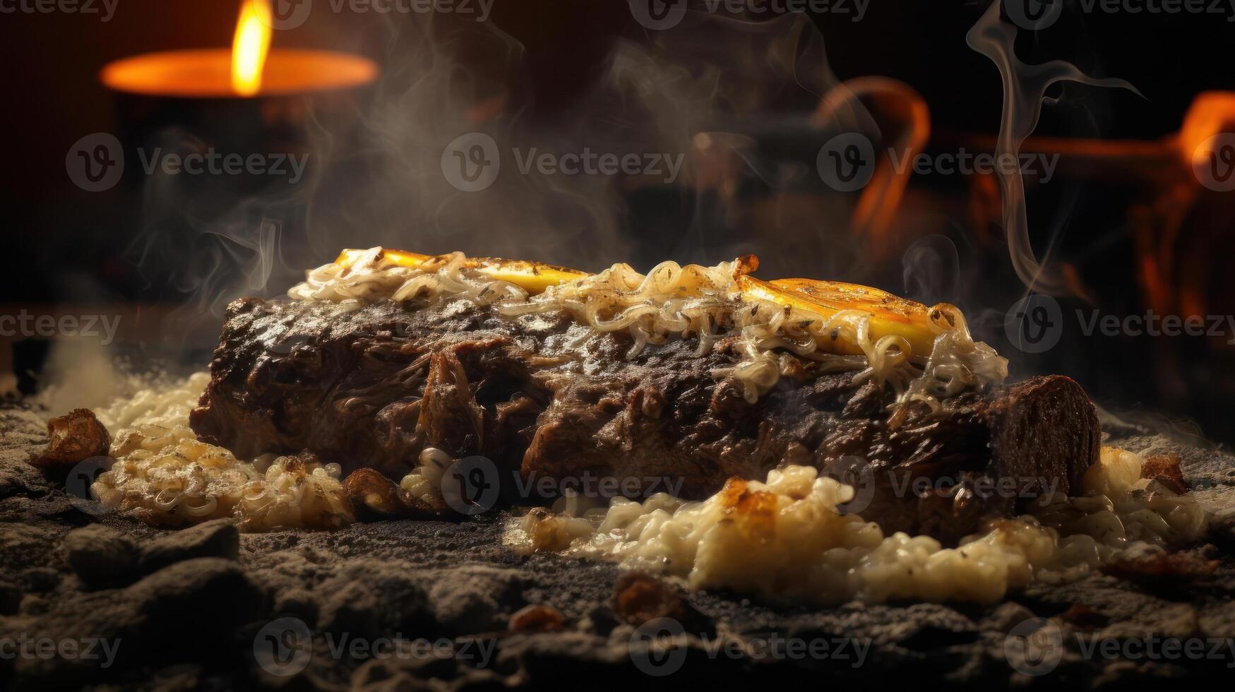 Seared steak topped with caramelized onions, dramatic lighting. photo
