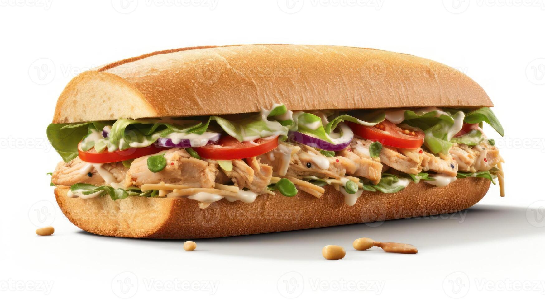 Delicious chicken sandwich with fresh vegetables and creamy sauce. photo