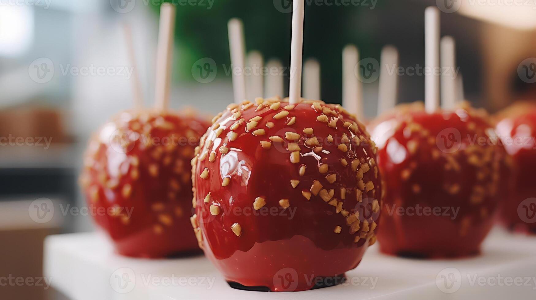 Delicious red caramel apples covered in peanuts. photo