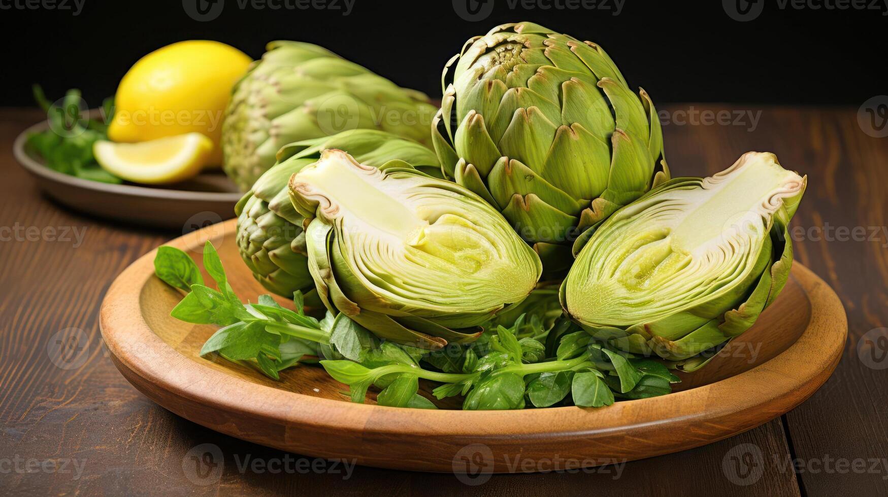 Artichokes on a wooden plate with lemon and greens. photo