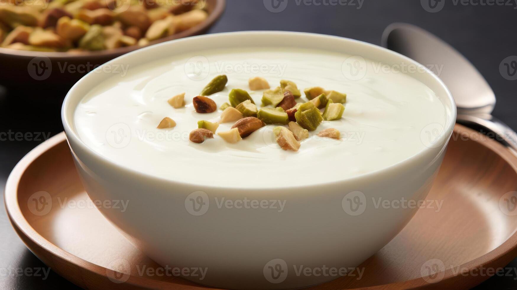 Pistachio dessert in a bowl, served on a wooden plate. photo