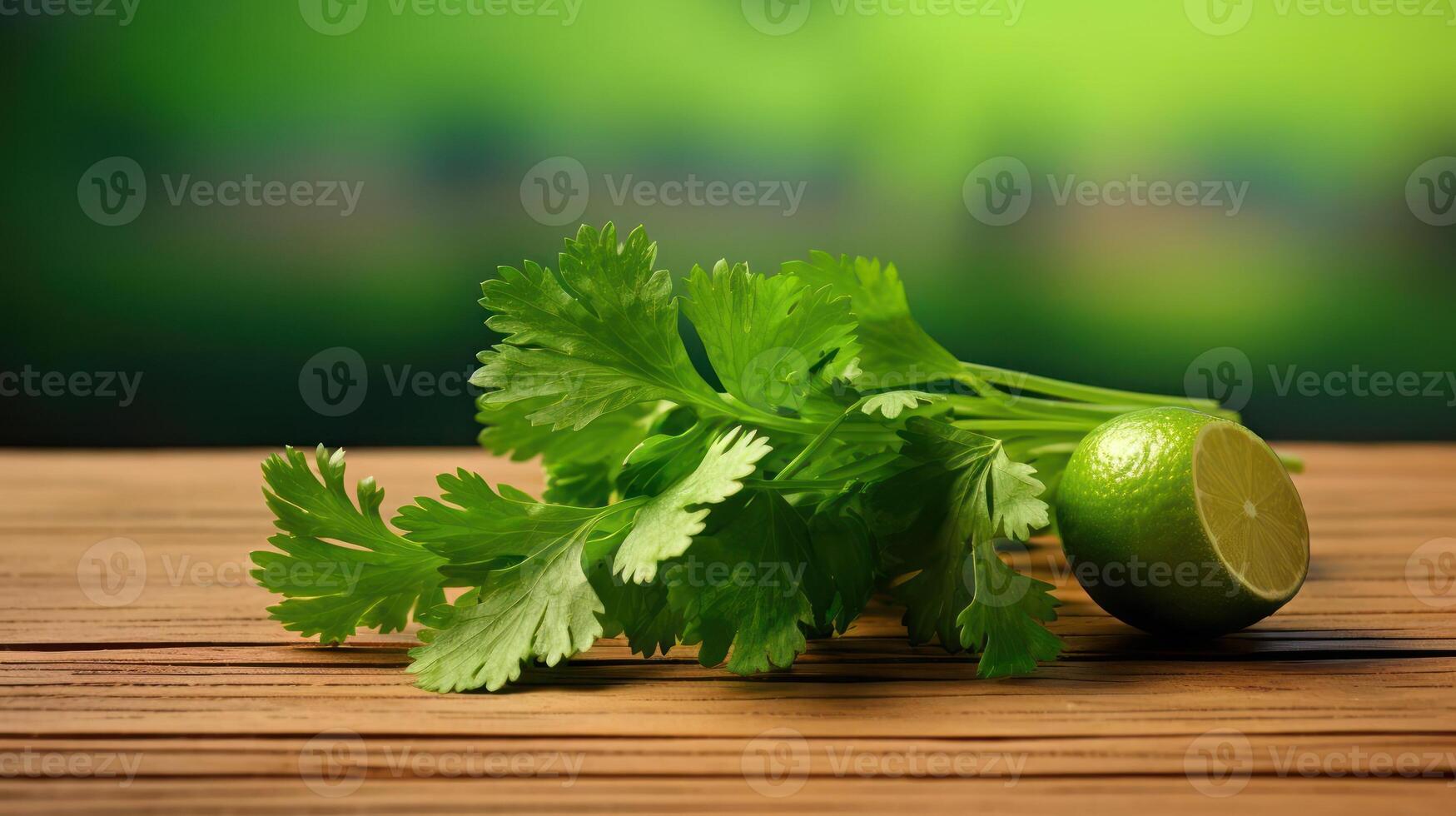 Fresh cilantro and lime on a wooden surface. photo