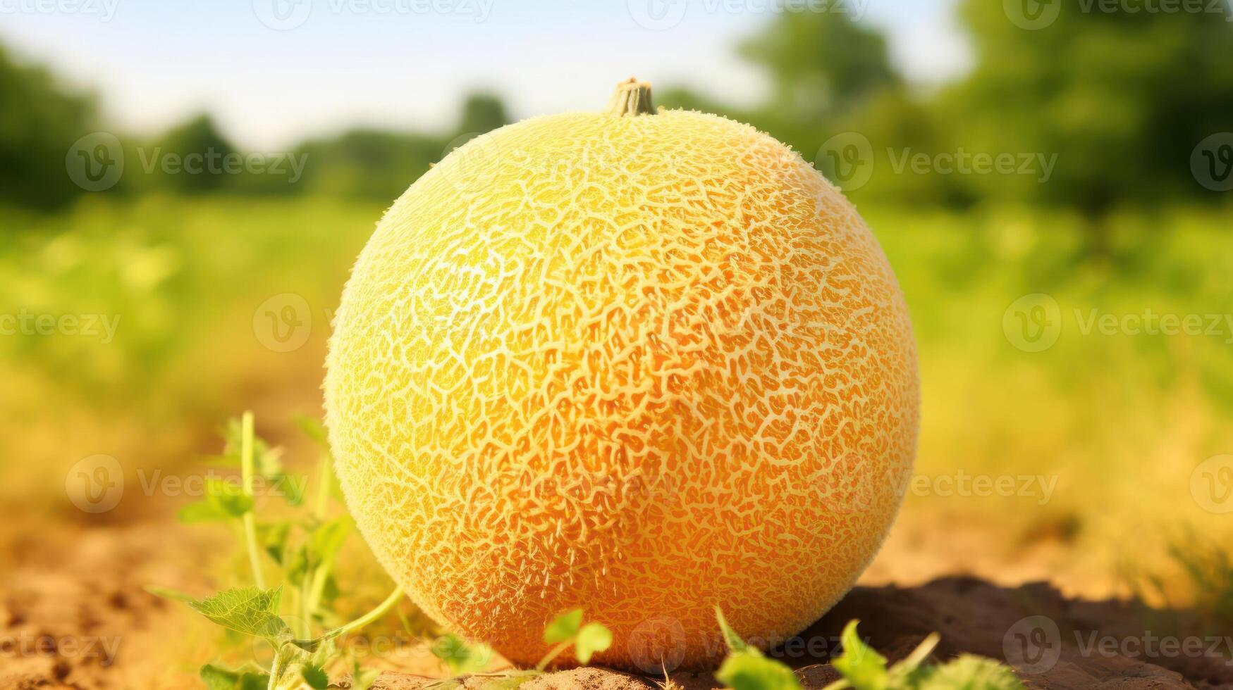 Ripe cantaloupe melon growing in a field. photo