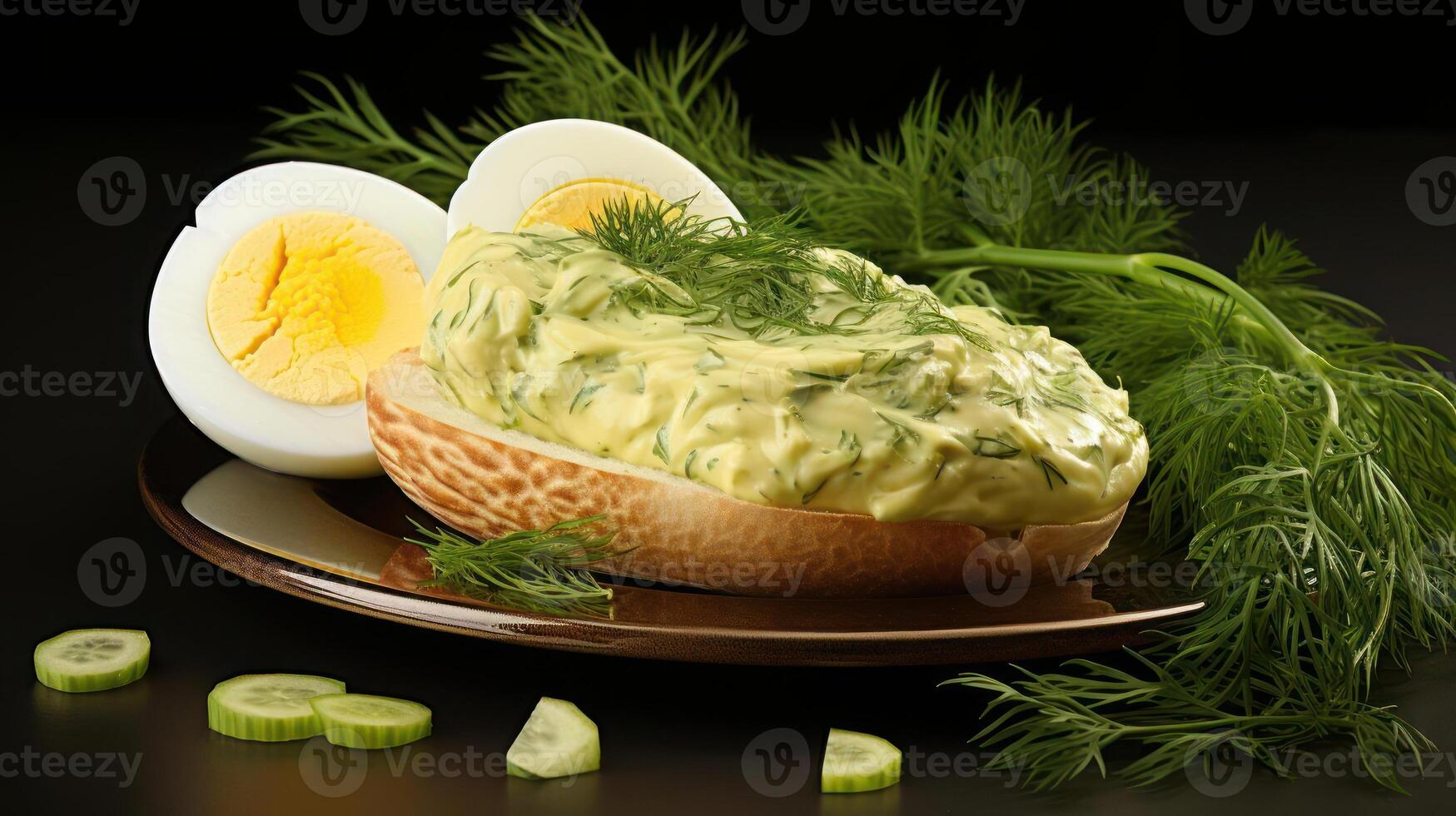 Egg salad sandwich with dill and cucumber slices. photo