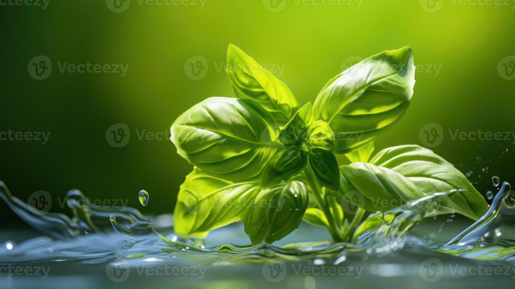 Basil leaf in water splash, vibrant green, close-up. photo