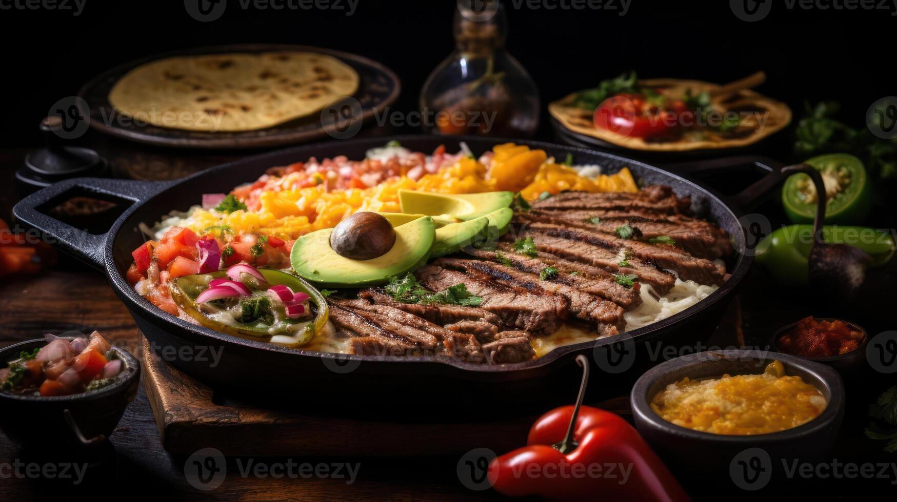 Grilled steak with avocado, salsa, and corn tortillas. photo