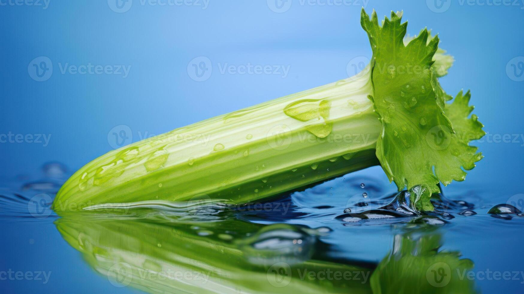 Celery in water, refreshing splash, vibrant green, close-up. photo